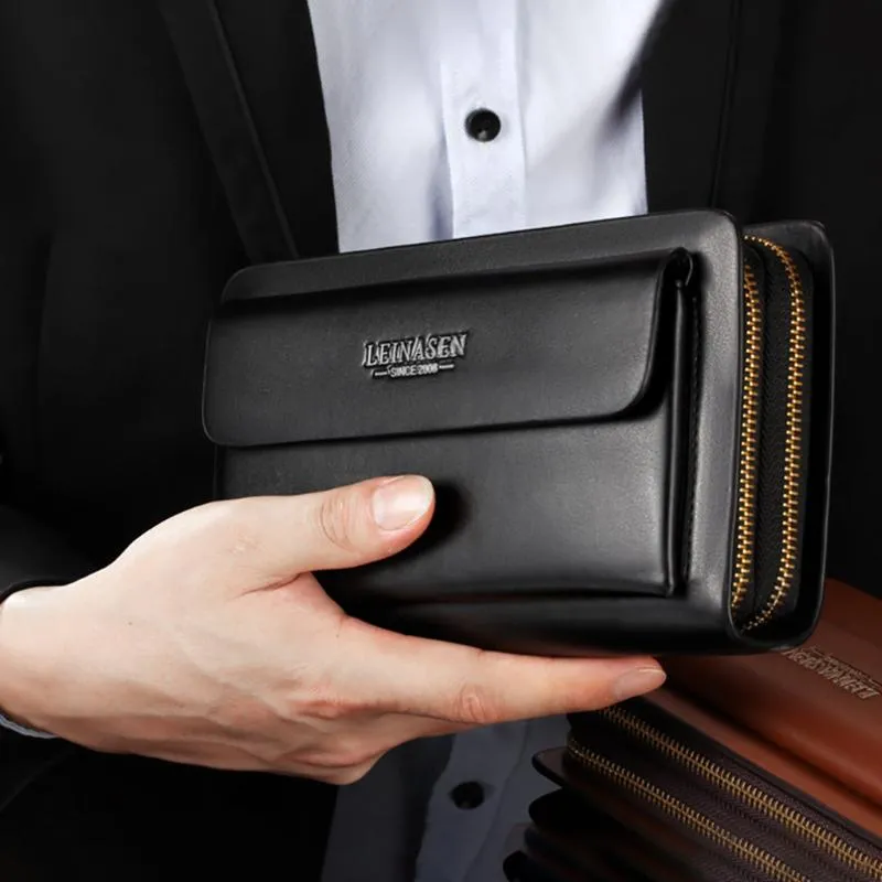 Wallets Men Business Wallet Multi-function Card Holder Waterproof Double Zipper Bag Carteira Masculina Couro Com Corrente #3