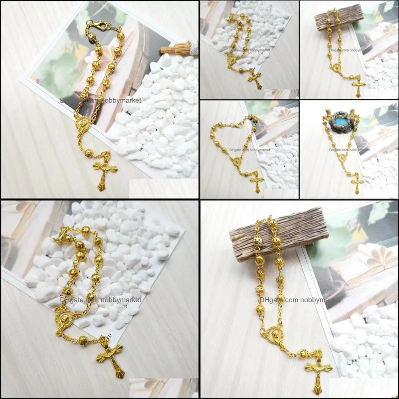 Hollow Out Metal Bead Rosary Bracelet Gold Cross Strand Bracelet Catholic Jewelry Gifts