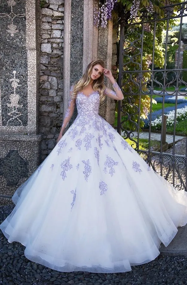 Charming A Line Wedding Dresses Sheer Neck Long Sleeves Lavender Lace  Appliqued | eBay