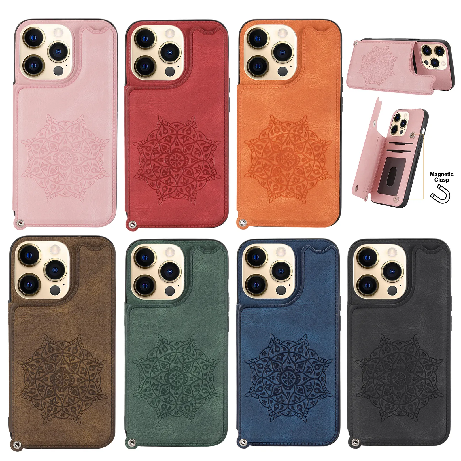 Custodie telefoniche multi carte per iPhone 13 12 11 Pro Max XR XS XS X 7 8 Samsung Galaxy S21 S20 Nota20 Ultra S10 Nota10 Plus Mandala Embossing PU Custodia protettiva antiurto