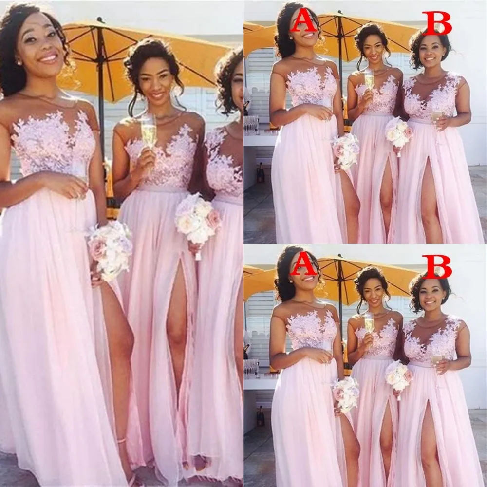 Sexy Country Cheap Blush Pink Bridesmaid Sheer Jewel Neck Lace Appliques Maid Of Honor Dresses Split Formal Evening Gowns Wear