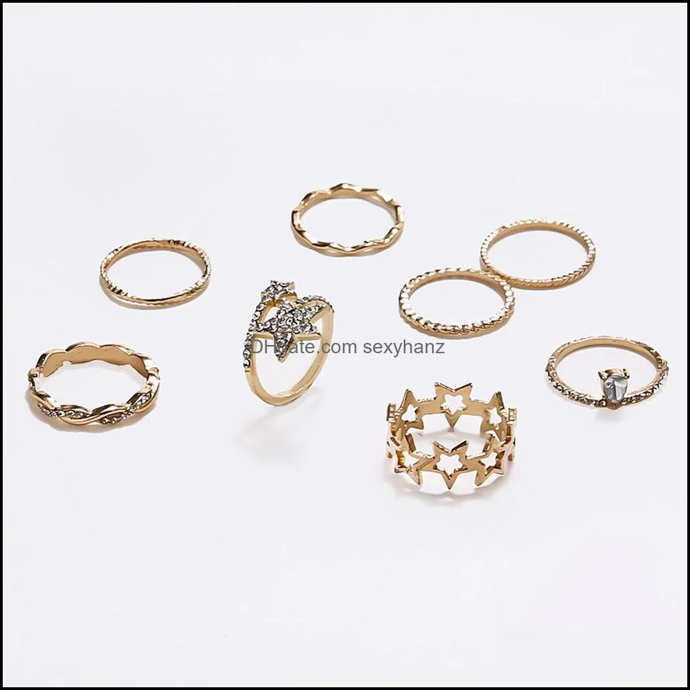 S2561 Fashion Jewelry Vintage Knuckle Ring Set Rhinstone Geomtric Five Piont Star Rings Sets 8pcs/set