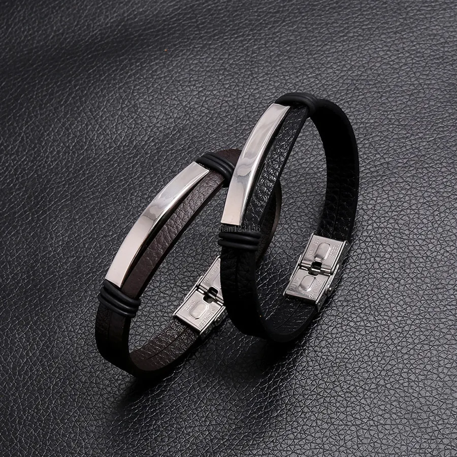 Black Brown Leather Bracelets Blank Glaze Stainless Steel Buckle Bracelet Wristband Bangle Cuff women men Fashion Jewelry Will and Sandy