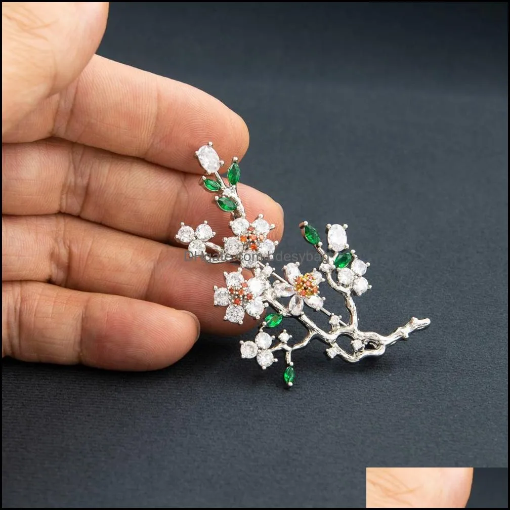 Elegant plum blossom flower cubic zirconia brooches pin lady scarf buckle wedding jewelry accessory for women
