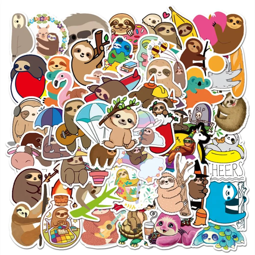 50 stks / partij 2 Stijl Wholesale Cartoon Cute Sloth Stickers Waterdichte No-Duplicate Sticker voor Kinderen Speelgoed Notebook Skateboard Fles Car Decals