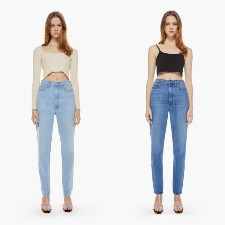 Women's Jeans ~2022 spring new V-belt high waist loose simple light dark blue straight jeans women