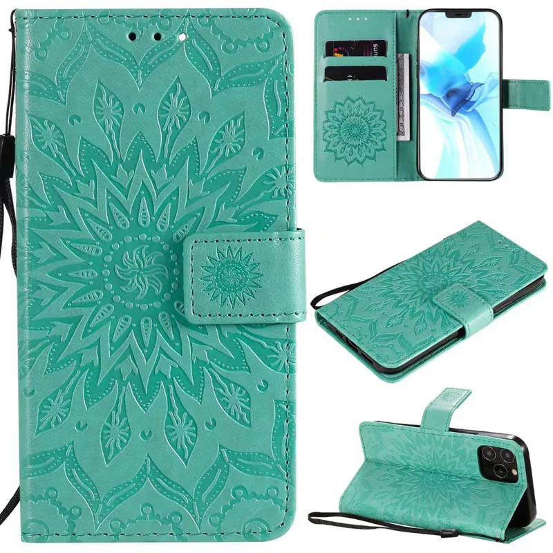 Tłoczenie słonecznika Flip Stand Wallet Teleft Case dla iPhone 13 12Mini 11Pro Max XS XR 8 7 6S Plus SE2020 Samsung S10 S20 S21 Note20