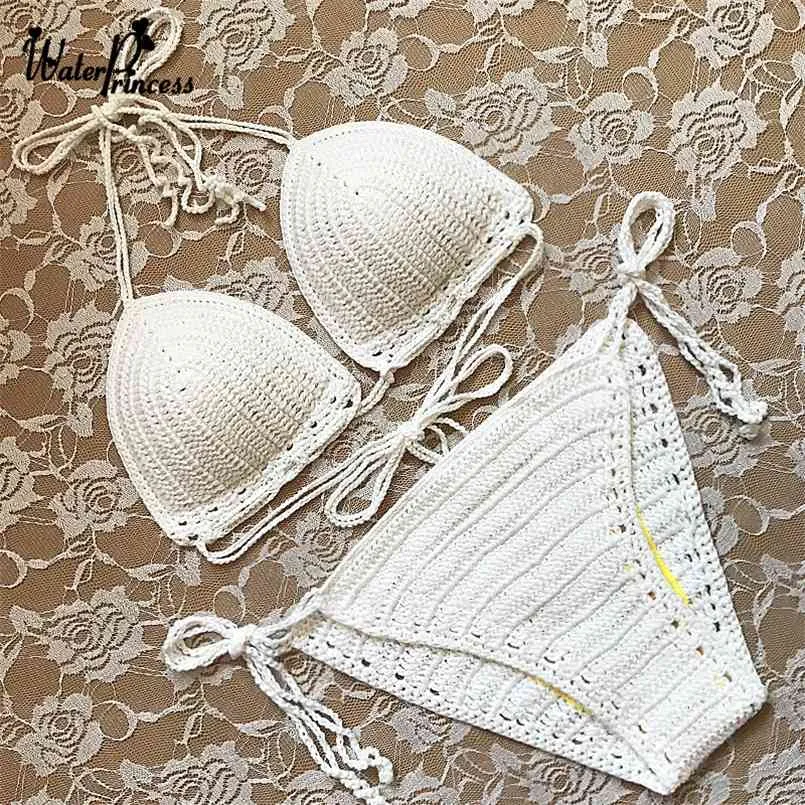 Biały Bikinis Handmade Crochet Bikini Set Sexy Kobiety Swimwea Kobiet Sun Summer Swimsuit Tankini Kitater Damski kostium kąpielowy 210722