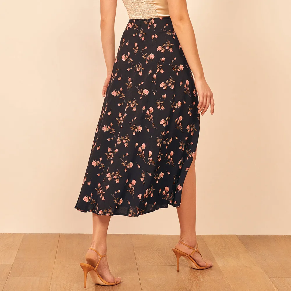 Elegant Womens Black Floral Midi Skirt Vintage Style High