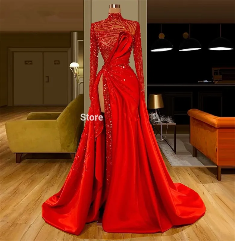 Fête de la fête rouge Robes de soirée High Neck Split Robe sexy Robe de bal sexy Dubaï Arabe Full Sleeves Robe de Soiree