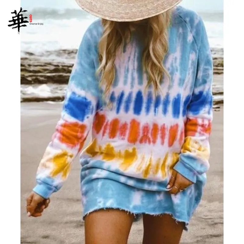 Casual Dresses Long Sleeve Dress Tie Dye Women Fall Clothes For 2021 Mini Plus Size Clothing Vestidos