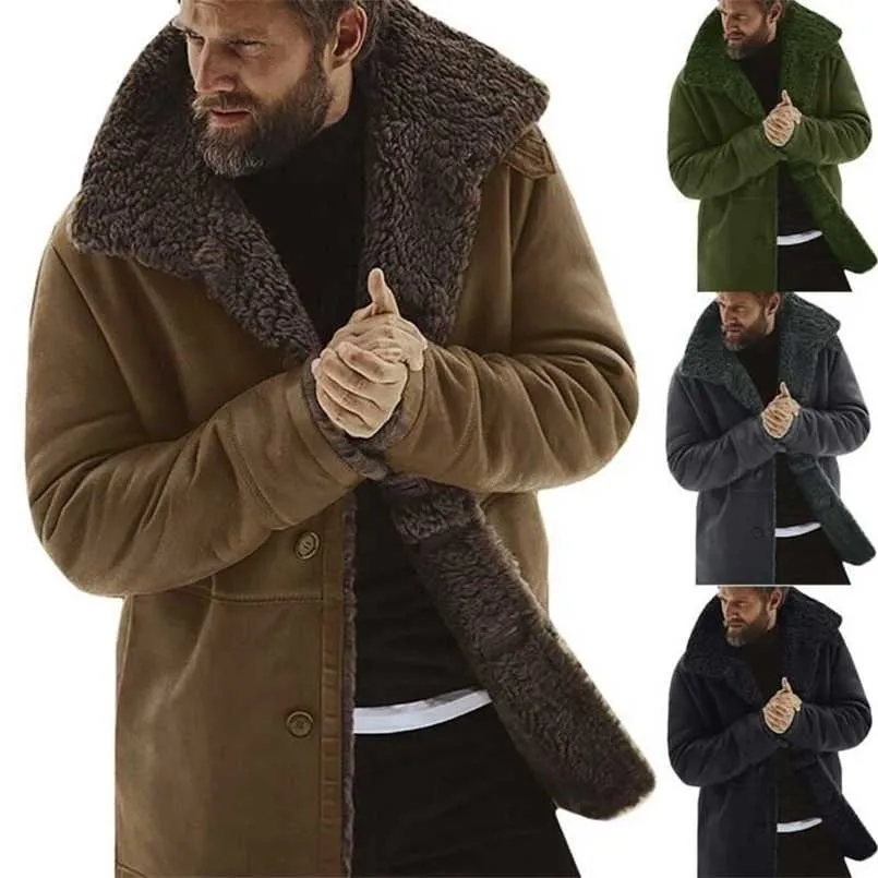 Män Winter Fleece Tjock varm kappa Outwear Trench Leather Jacket Långärmad Fur 211129