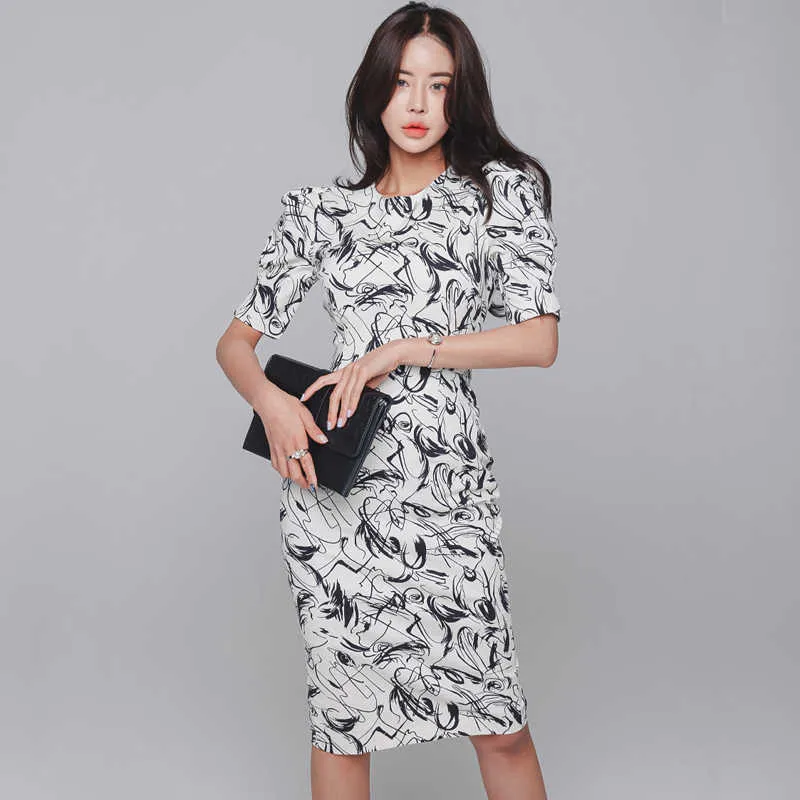 女性のための韓国のドレス夏のプリント半袖ボディコン鉛筆210529