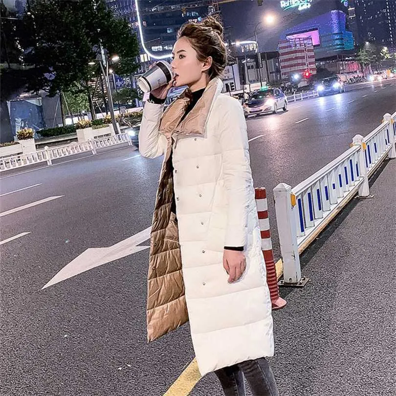 Fitaylor Women Double Sided Down Long Jacket Winter Breasted Warm Parka White Duck Coat 211011