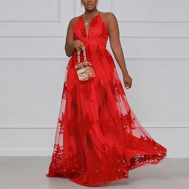 Vestidos casuais plus size 4xl 5xl vestido vermelho espaguete cinta v pescoço sem costas cintura alta até o chão bordado elegante festa de noite vestido