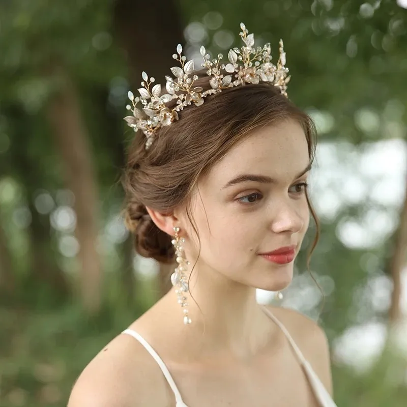 Gold Color Leaf Woman Crown Floral Bridal Tiara Accessores Handmade Opal Crystal Hair Jewelry для свадьбы Prom Prom