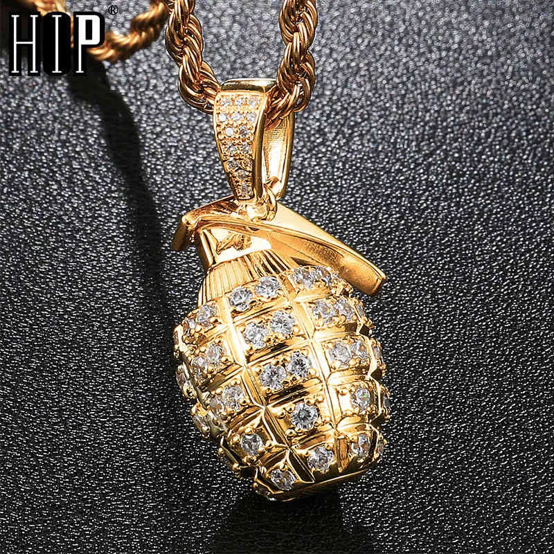 HIP Hop Iced Out Bling Cubic AAA Zircon Grenades Bombs Necklace & Pendant for Women Men Jewelry Gold Color X0509