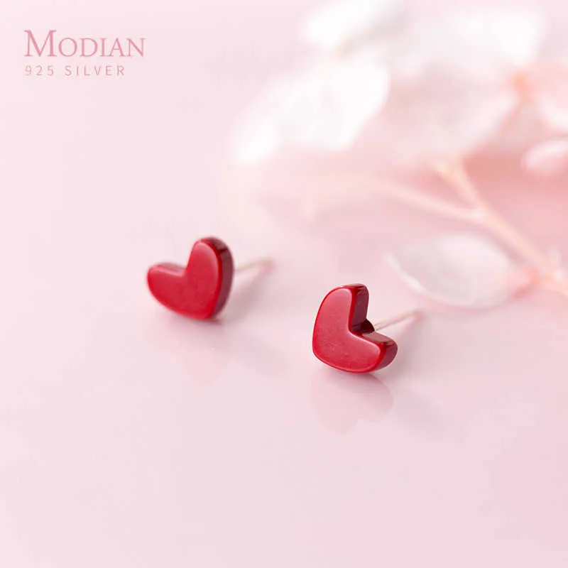 Boucles d'oreilles en argent coeur rouge pour femmes 925 sterling mode boucles d'oreilles minuscules bijoux accessoires simples 210707