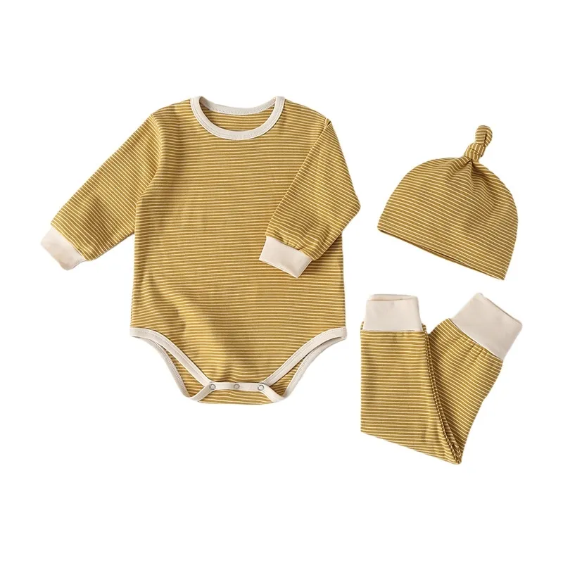 Baby Clothes Set Striped Bodysuits Pants Leggings And Hat 3 Pcs Baby Girl Clothes Outfits Cotton Toddler Boys Clothing Suit 210309