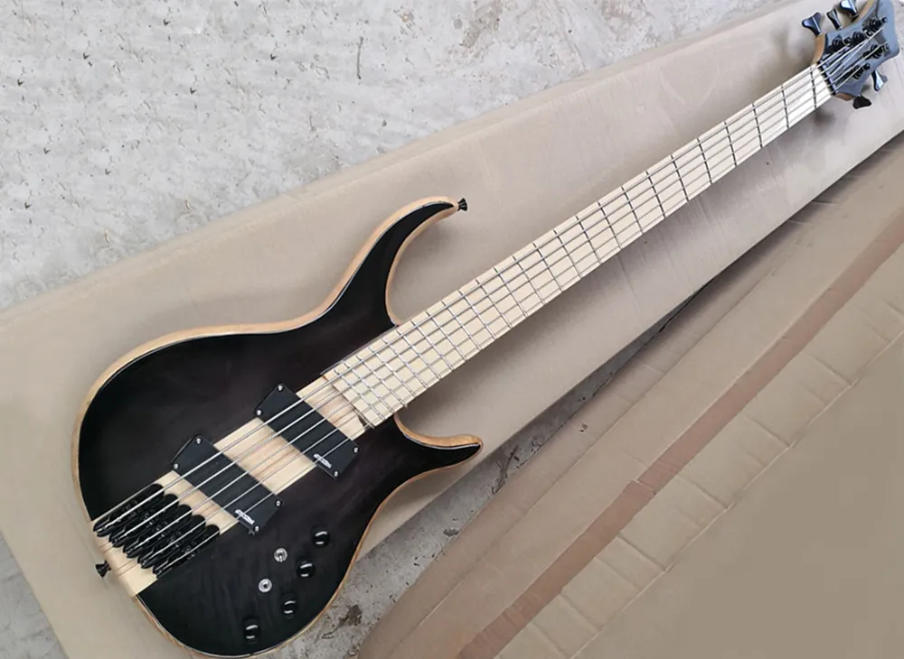 5-saitige schwarze E-Bassgitarre mit durchgehendem Hals und schrägen Tonabnehmern/Bünden, Griffbrett aus Ahorn, individueller Service verfügbar