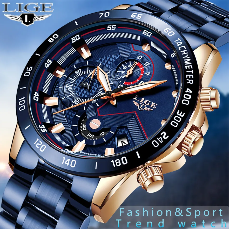 LIGE 2021 New Fashion Mens orologi impermeabili con acciaio inossidabile Top Brand di lusso sport cronografo orologio al quarzo da uomo Relogio Masculino