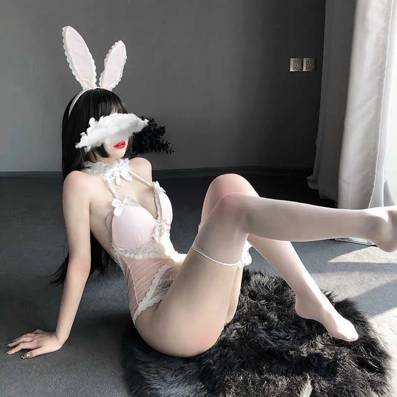 Kanin svans transparent bodysuit huvudband benring 3pcs set sexiga outfits kanin tjej anime underkläder cosplay kostymer med söt y0913