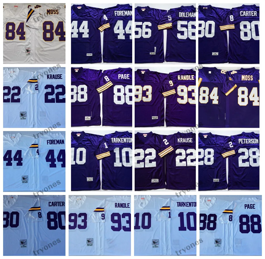 Jerseys de futebol vintage 84 Randy Moss 10 Fran Tarkenton 22 camisas de futebol Paul Krause 44 Chuck Foreman 56 Chris Doleman 80 Cris Carter 93 John Randle 28 Adrian Pet Pet Pet