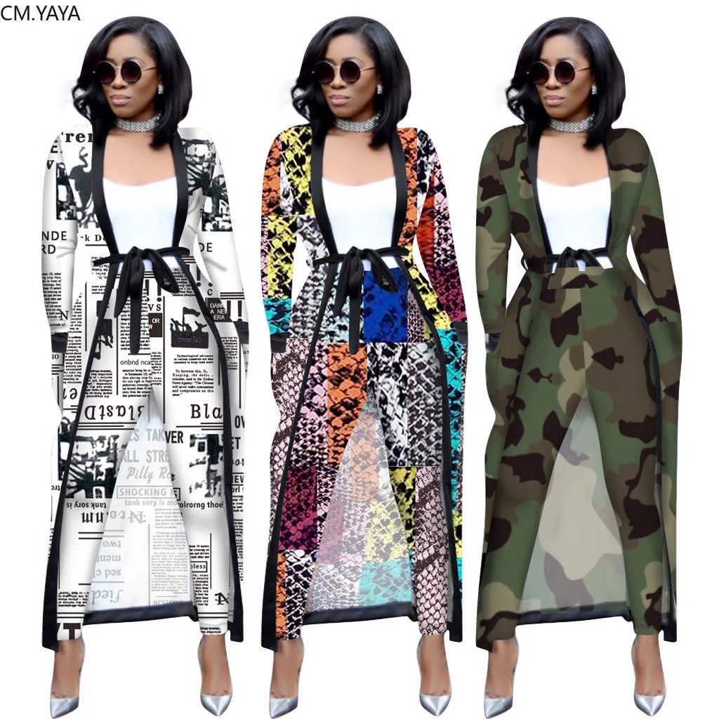 Höst Winter Women's Set Full Sleeve Long Cape Coat Sashes Byxor Sexig Fashion Print OL Two Piece Outfits Tracksuits 3535 210930