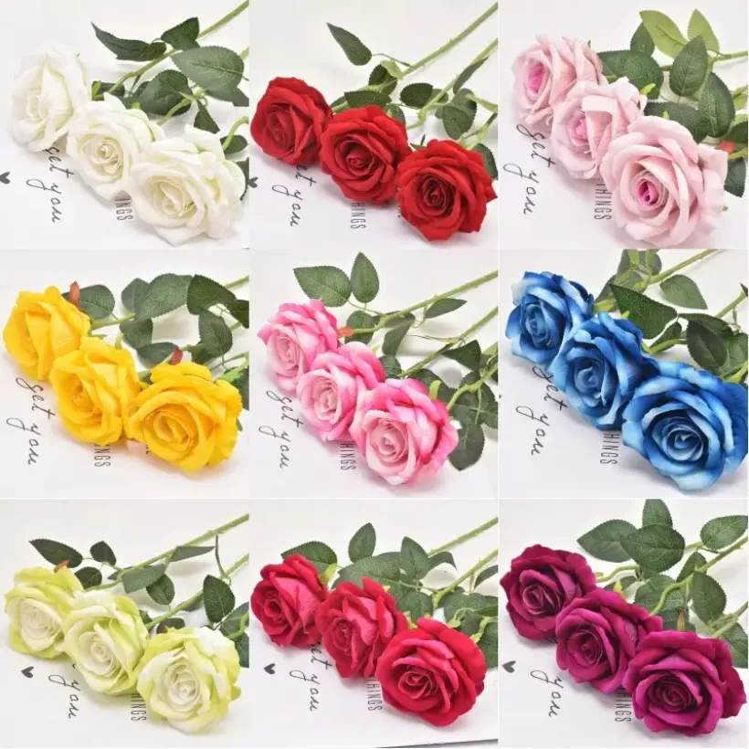 Valentine Day Artificial Roses Flowers Simulation Flannel Single Stem Flowers Wedding Living Room Bedroom decoration Pink Rose Red FHH21-850