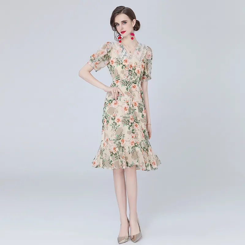 Boutique Organza Floral Dress Puff Sleeve Lapel Women's Summer Printed Dress High-end Fashion Lady Dresses Party Dress