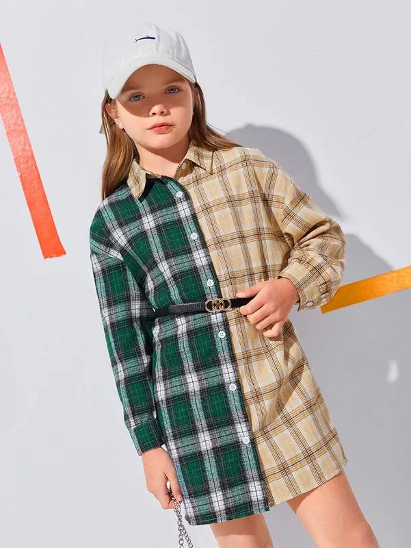 Robe à épaules tombantes à imprimé tartan colorblock pour filles sans ceinture SHE