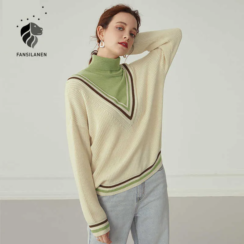 FANSILANEN Patchwork vintage turtleneck knitted sweater Womne autumn winter oversized white pullover Knitwear elegant jumper 210607