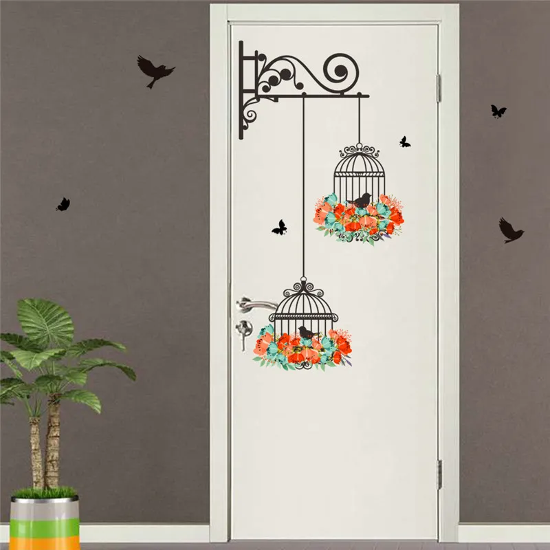 Wholesale Flower Bird Cage Wall Art Stickers TV Background Window Wallpaper Decor Creative Home Decoration Kindergarten Self-Adhesive Cartoon Decal