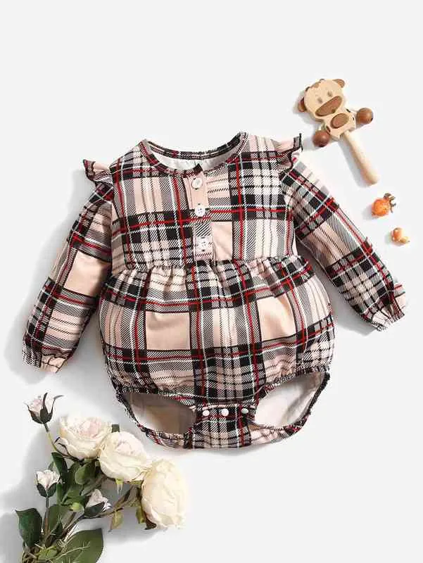 Bebek 1 adet ekose fırfır trim bodysuit o