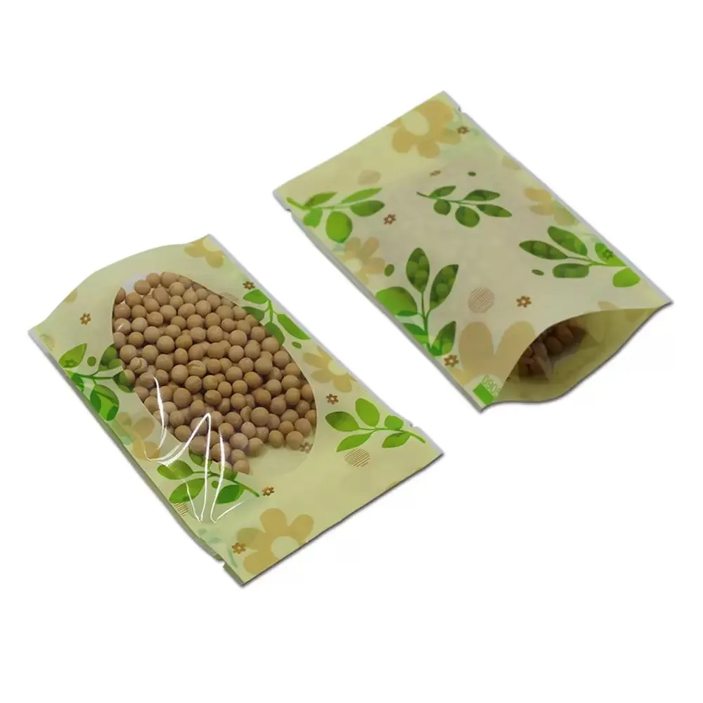 Venda por atacado 300pcs / lote 16 * 24cm levantado folha verde PE plástico embalagem doypack bolsas zipper alimentos armazenamento janela saco de janela