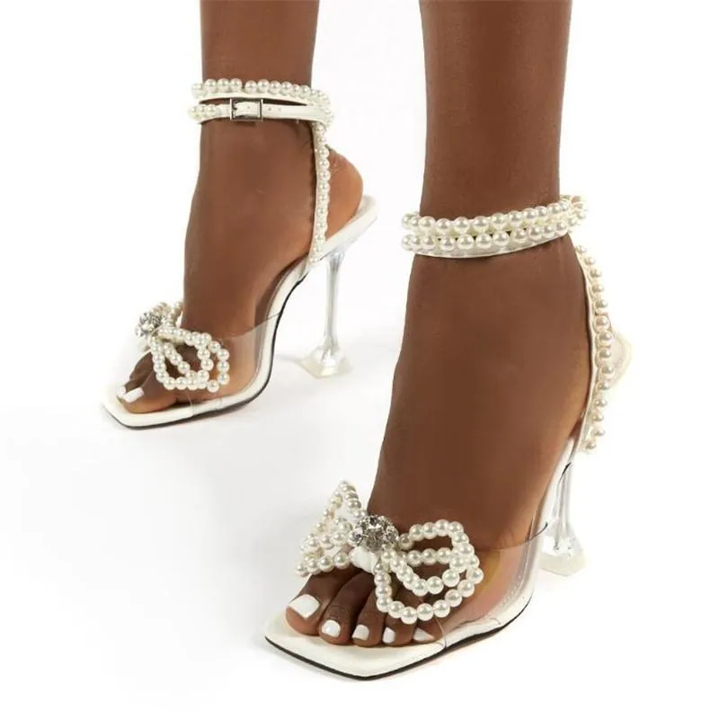 Sandálias Elegante Casamento Noiva Sapatos Feminino Moda Pérolas Gravata Borboleta Verão Quadrado PVC Transparente Cristal Perspex Saltos