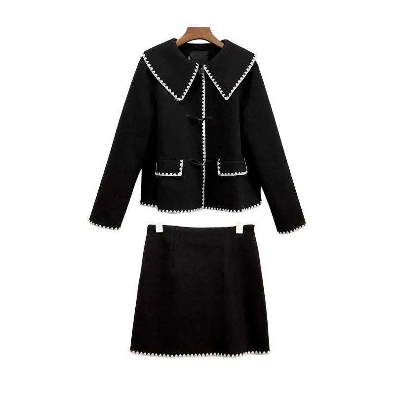 PERHAPS U Women Black White Brown Faux Woolen Horn Button Mini Skirt Pencil 2 Two Pieces Set Elegant Winter T0310 210529