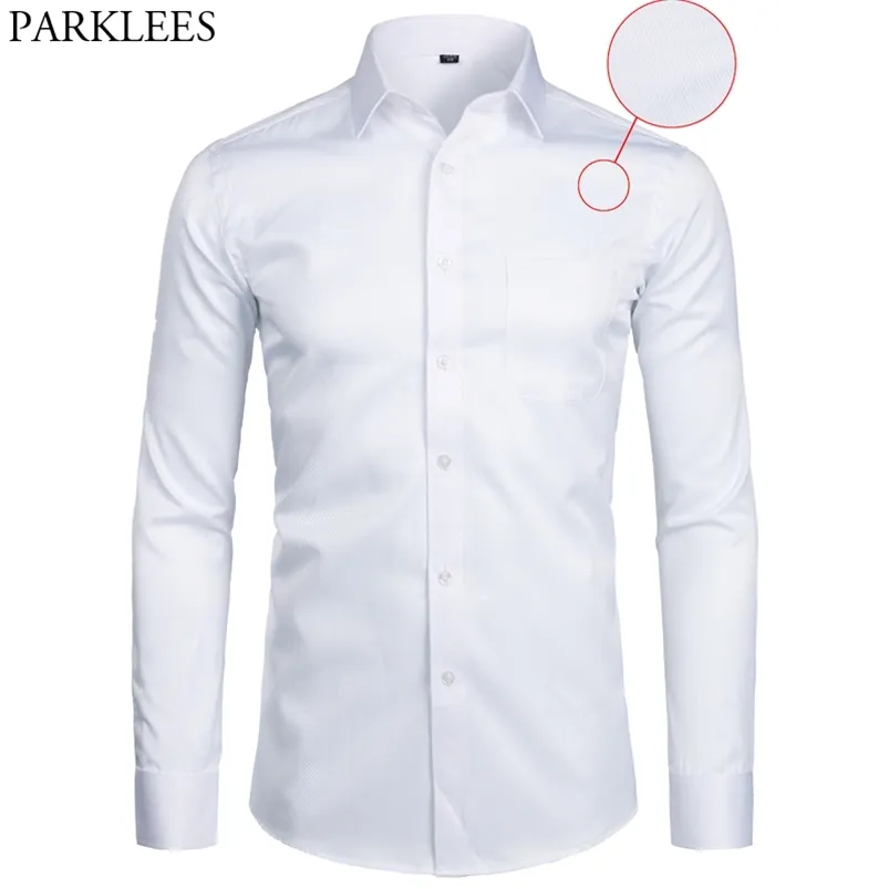 Vit Business Dress Shirt Men Fashion Slim Fit Långärmad Soild Casual Shirts Mens Arbetskontor Bärskjorta med Pocket S-8XL 210708