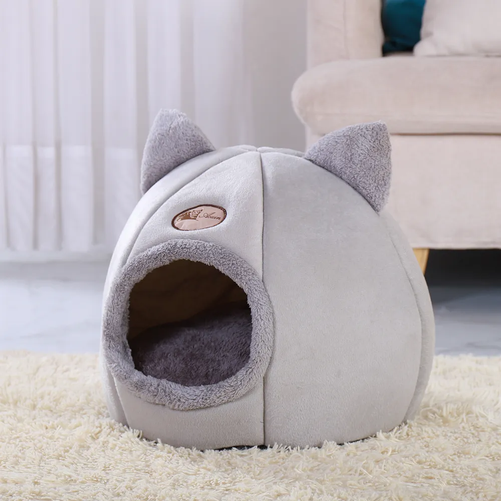 柔らかい猫の家の暖かいベッドの洞窟のテントの取り外し可能なクッションの冬の眠っているペットパッド巣猫Products Y200330