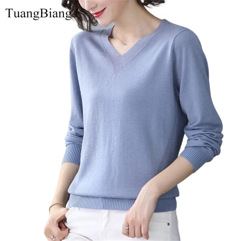 Outono primavera v-pescoço de manga comprida mulheres suéteres cor sólida de tricô senhoras azul pulôvers fino casual algodão de algodão tops 210914