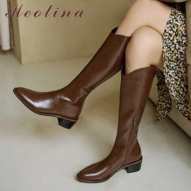 Meotina Western Boots Women Real Leather High Heel Shoes Block Heel Knee High Boots Zip Pointed Toe Long Boots Autumn Winter 40 210608