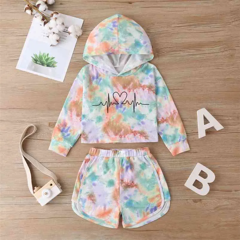 Winter Children Sets Casual Lange Mouw Hooded Print Hoodies Tie-Dye Shorts Leuke 2 stks Meisjes Kleding 18m-6t 210629