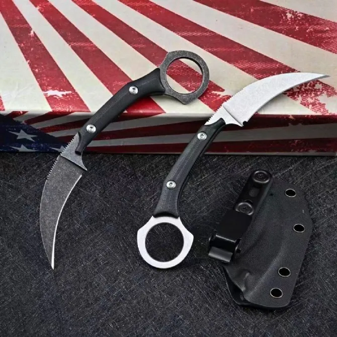 Top Quality Fixed Blade Karambit Knife D2 White/Black Stone Wash Blades Full Tang G10 Handle Claw Knives With Kydex