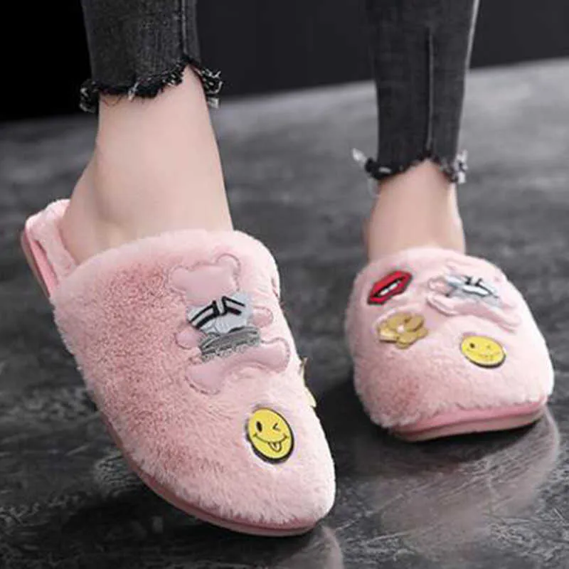 fashion Cute applique Winter Women Home Slippers For Indoor Soft Plush Bottom Slipper Cotton Warm Shoes pantofole donna s963 210625