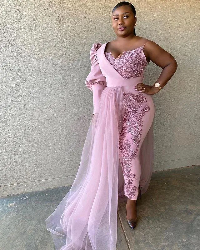 Pink Jumpsuit Pls Size Evening Dresses Pantsuit One Shoulder Sequined Appliques Prom Dress Robes De Soirée Formal Party Gown