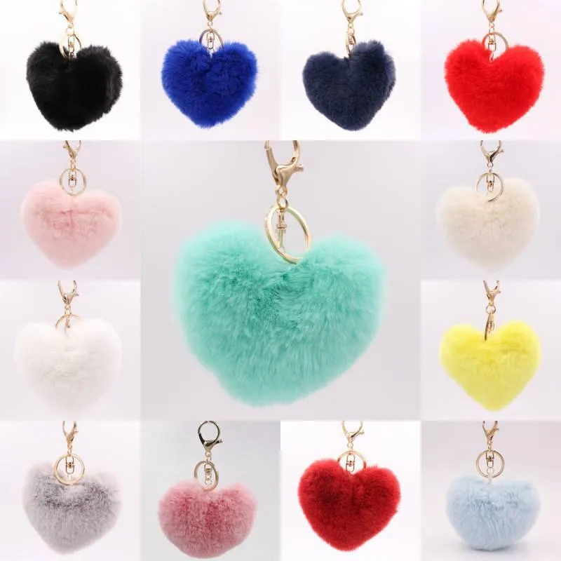 27 Stijlen Faux konijnenbont pompoms sleutelen sieraden vrouwen pluizige hartvorm sleutelhische handtas charme hanger mode -accessoires