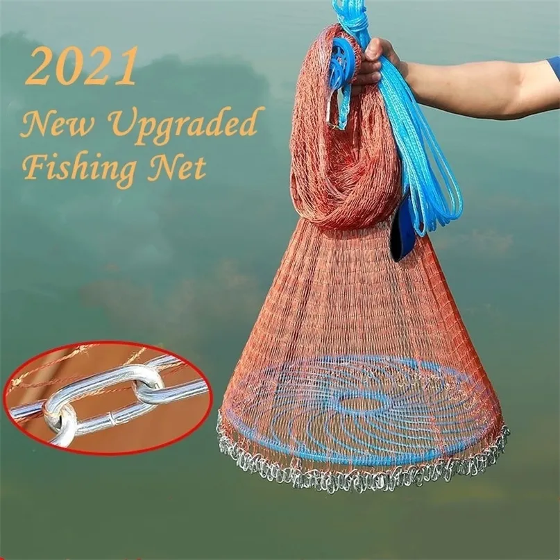 4.2M-7.2M Fishing Net Upgraded Korean Small Mesh Hole Steel Chain Sinkers Hand Cast Easy Throw Tools 220301