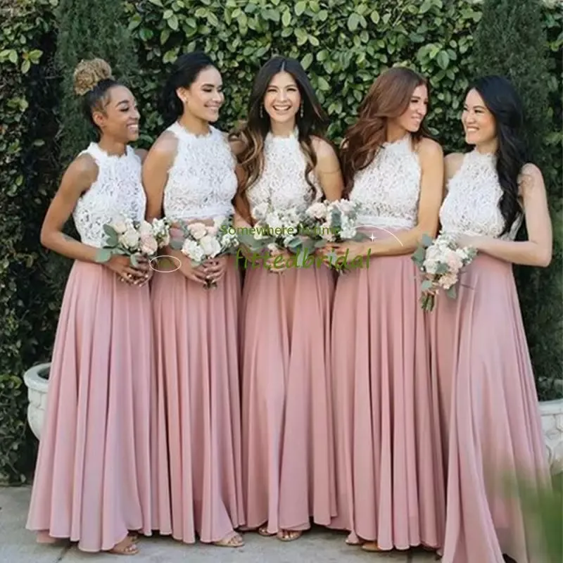 Dusty marfim e rosa vestidos de dama de honra renda chiffon tornozelo comprimento alto pescoço sem mangas feito sob encomenda vestido de dama de honra praia vestidos de festa de casamento