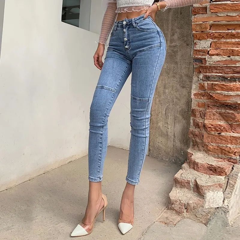 Primavera / verão novo jeans feminino cintura alta estiramento hip slim fit skinny pés magro nove pontos pencil pants t200608