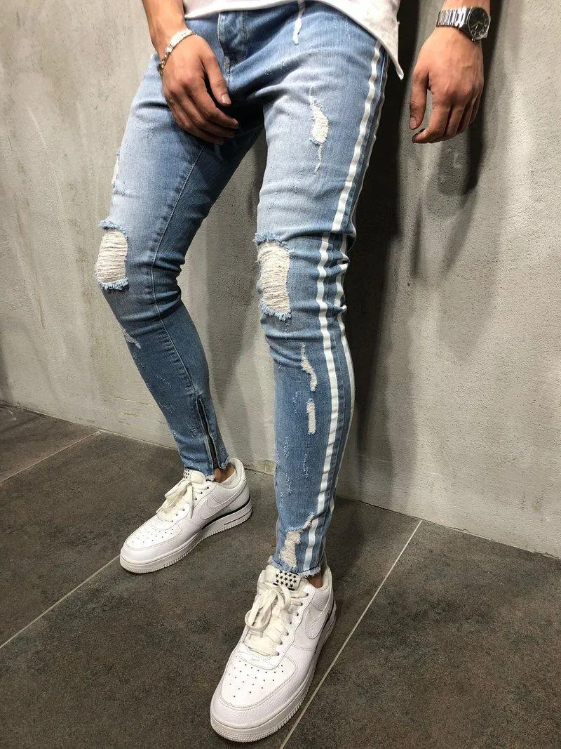 Jeans pour hommes Mens Skinny Slim Fit Ripped Big And Tall Stretch Bleu Pour Hommes Distressed Taille Élastique M-4XL263Z